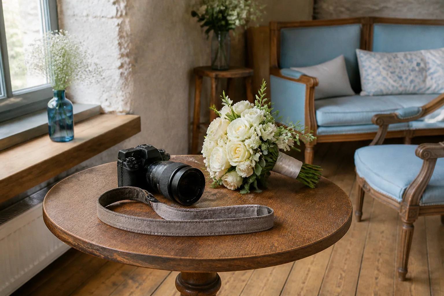 Appareil photo et accessoires de reportage de mariage — illustration générée par IA