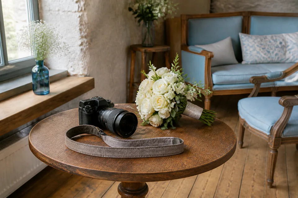 Appareil photo et accessoires de reportage de mariage — illustration générée par IA