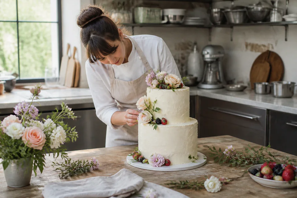Gâteau de mariage préparé dans un atelier — illustration générée par IA