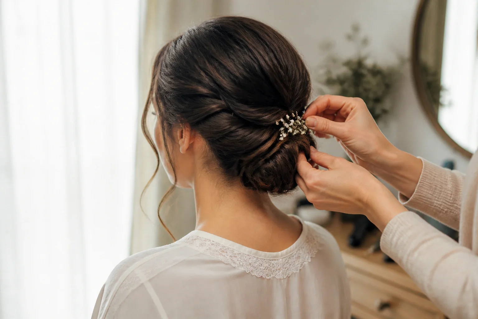 Coiffure de cérémonie vue pendant la préparation — illustration générée par IA