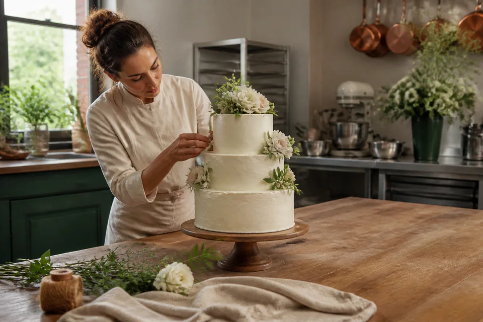 Gâteau de mariage préparé dans un atelier — illustration générée par IA
