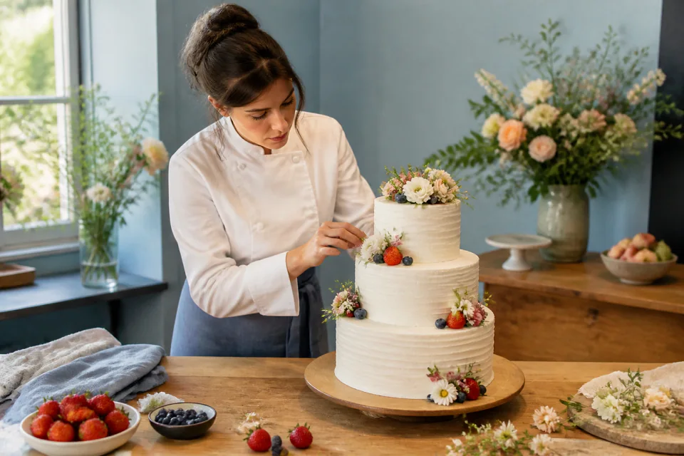 Gâteau de mariage préparé dans un atelier — illustration générée par IA