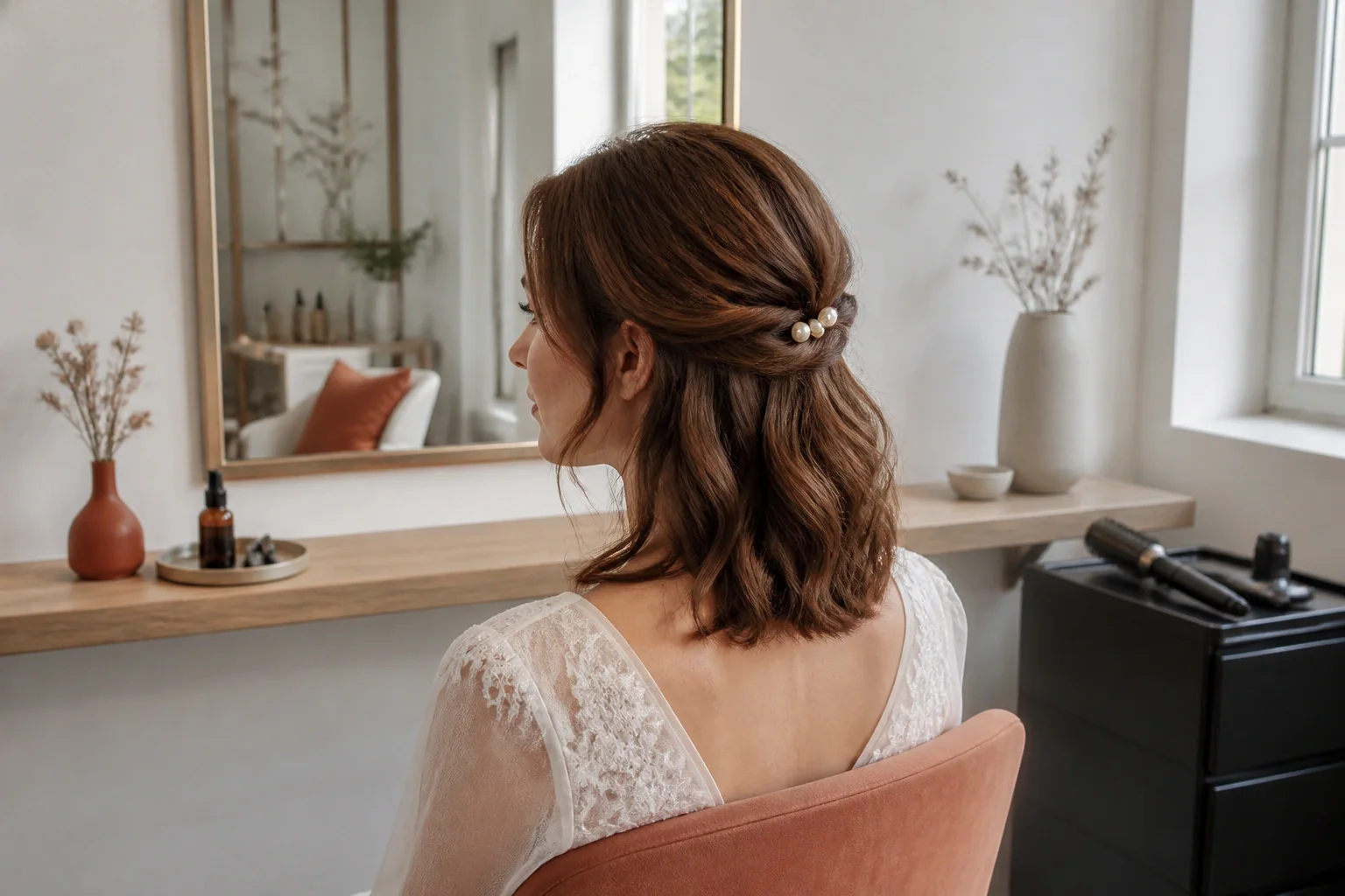 Coiffure de cérémonie vue pendant la préparation — illustration générée par IA