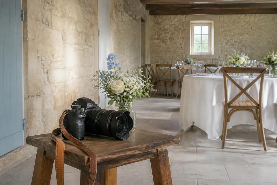 Appareil photo et accessoires de reportage de mariage — illustration générée par IA