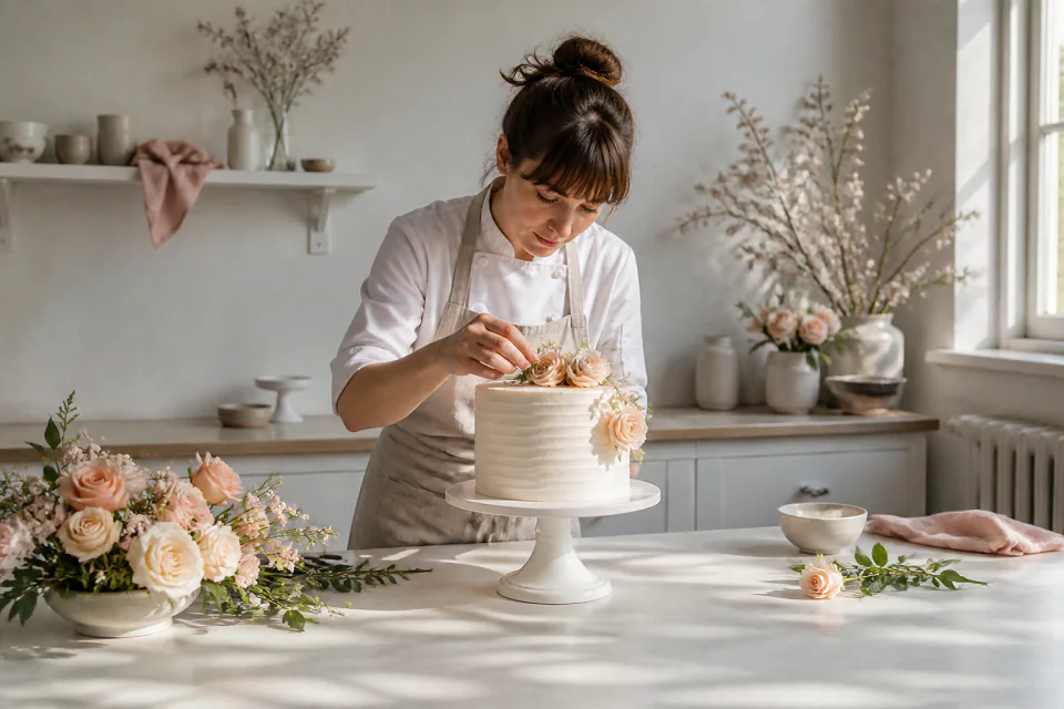 Gâteau de mariage préparé dans un atelier — illustration générée par IA