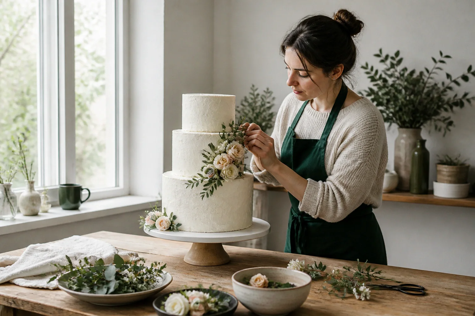 Gâteau de mariage préparé dans un atelier — illustration générée par IA