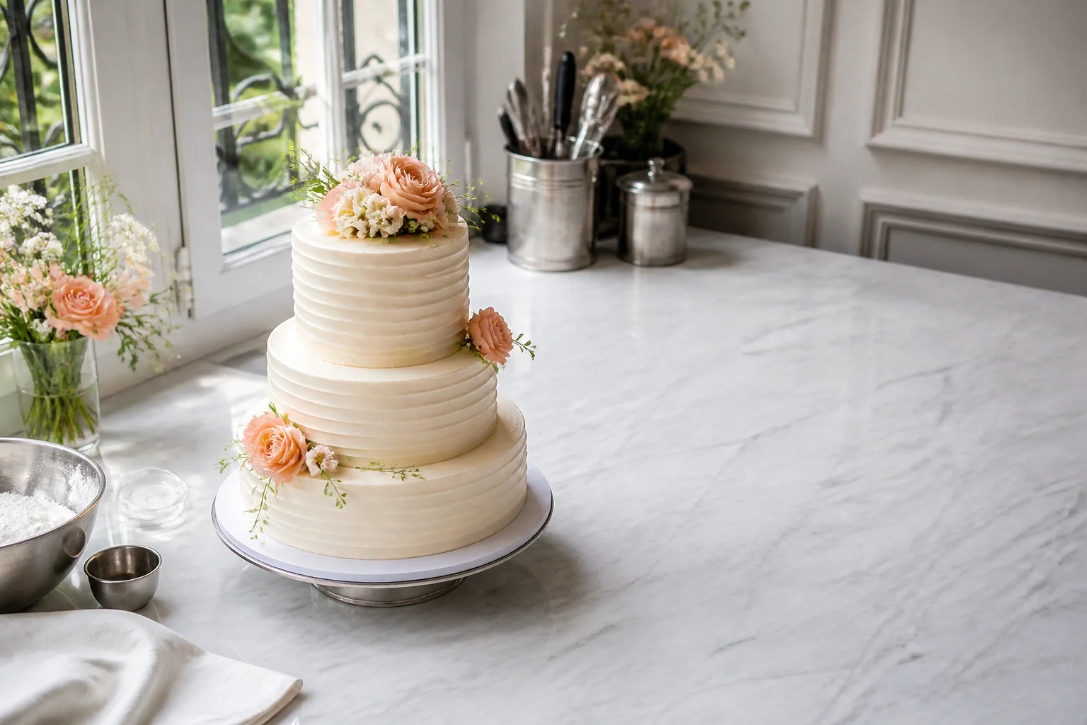 Gâteau de mariage préparé dans un atelier — illustration générée par IA