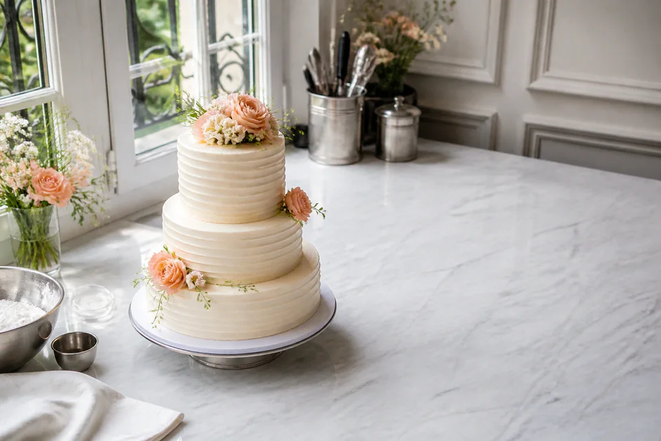 Gâteau de mariage préparé dans un atelier — illustration générée par IA
