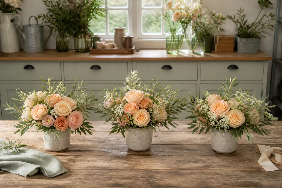 Préparation florale pour un mariage — illustration générée par IA