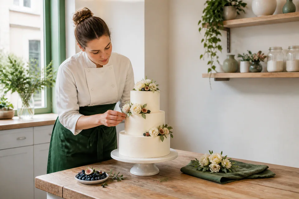 Gâteau de mariage préparé dans un atelier — illustration générée par IA