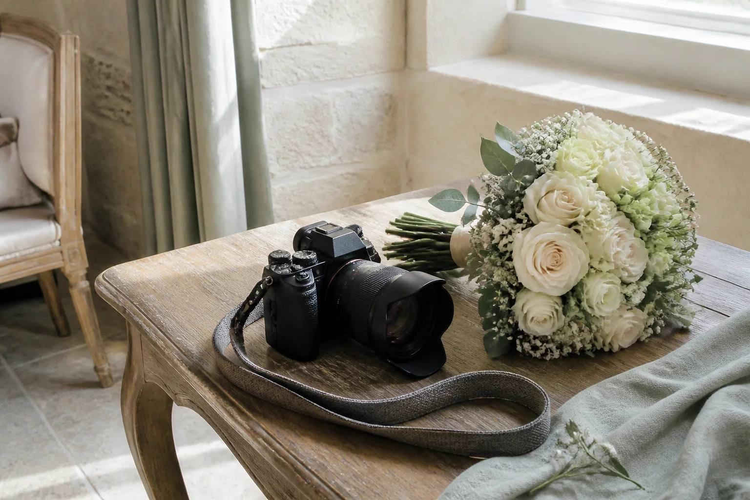 Appareil photo et accessoires de reportage de mariage — illustration générée par IA