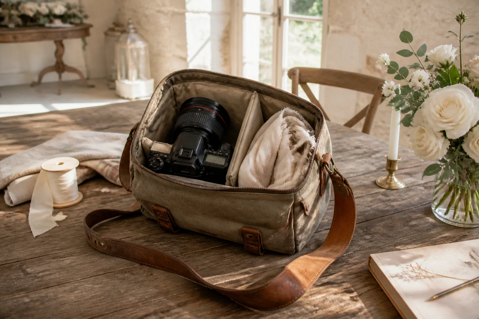 Appareil photo et accessoires de reportage de mariage — illustration générée par IA