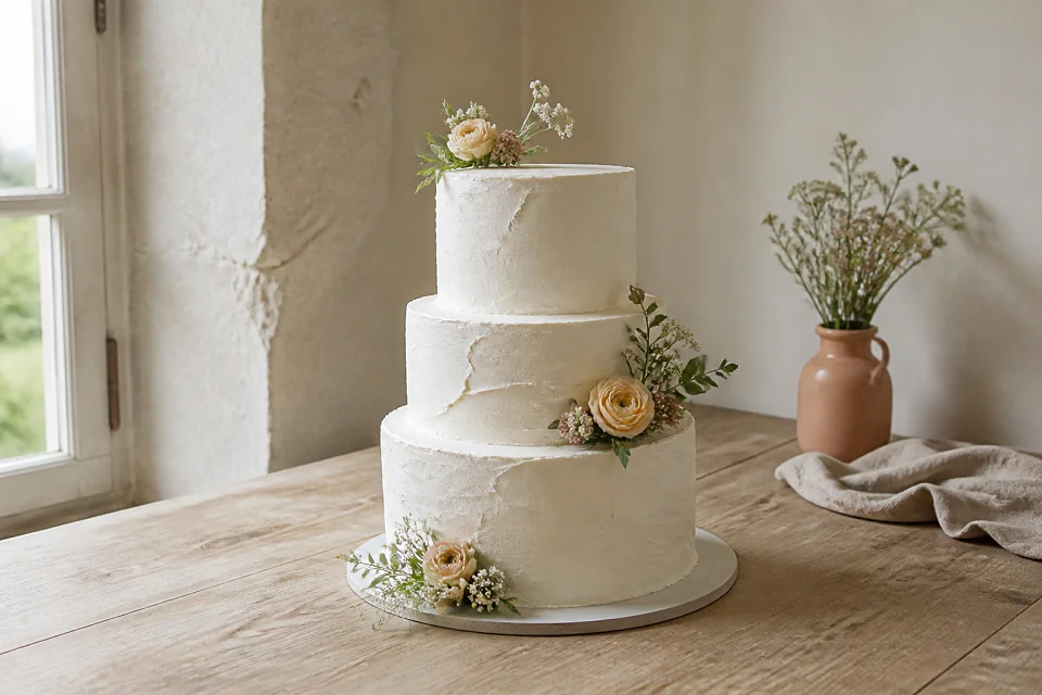 Gâteau de mariage préparé dans un atelier — illustration générée par IA