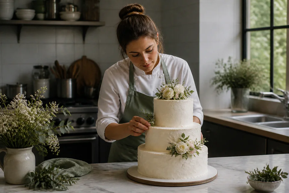 Gâteau de mariage préparé dans un atelier — illustration générée par IA