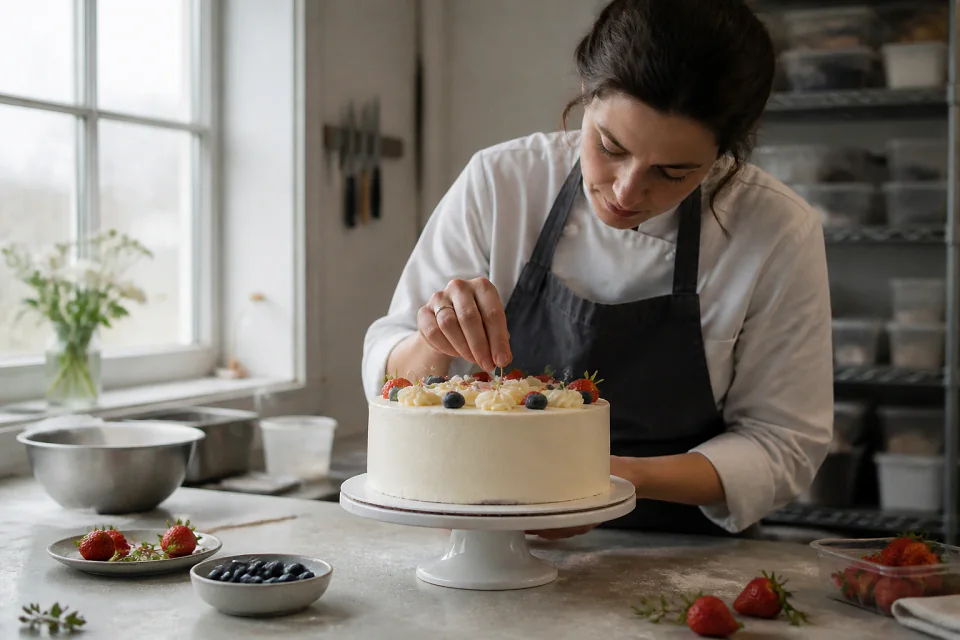 Gâteau de mariage préparé dans un atelier — illustration générée par IA