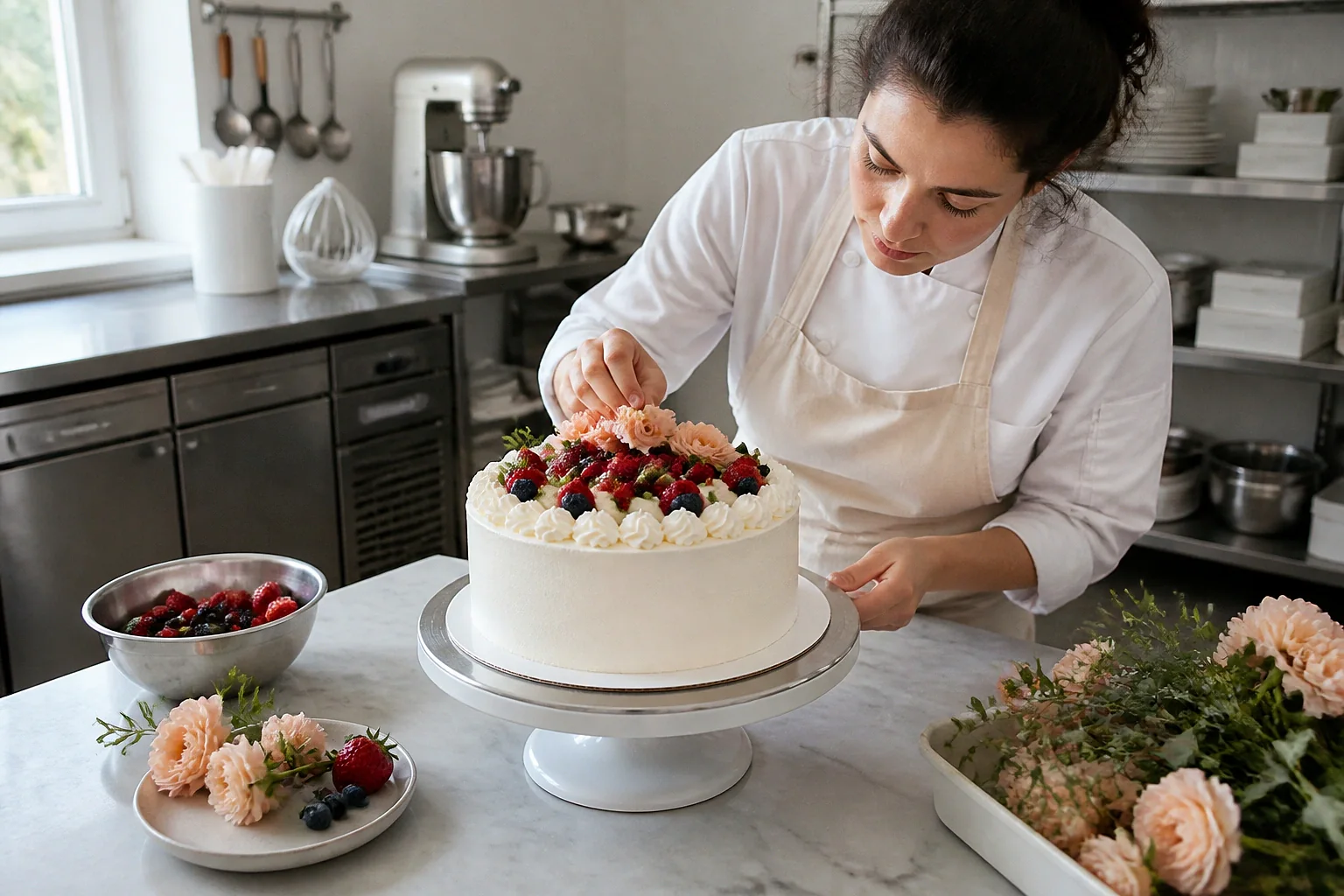 Gâteau de mariage préparé dans un atelier — illustration générée par IA