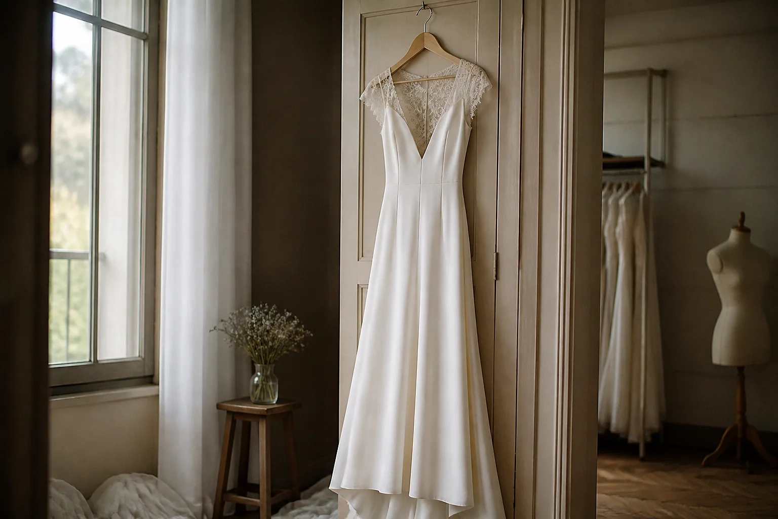 Robe de mariée dans un atelier de confection — illustration générée par IA