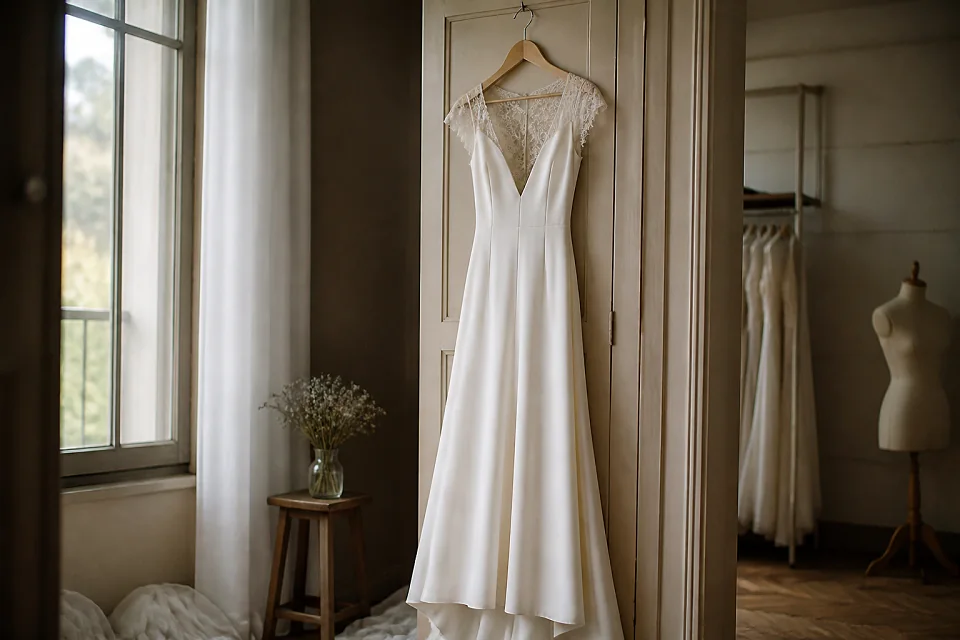 Robe de mariée dans un atelier de confection — illustration générée par IA
