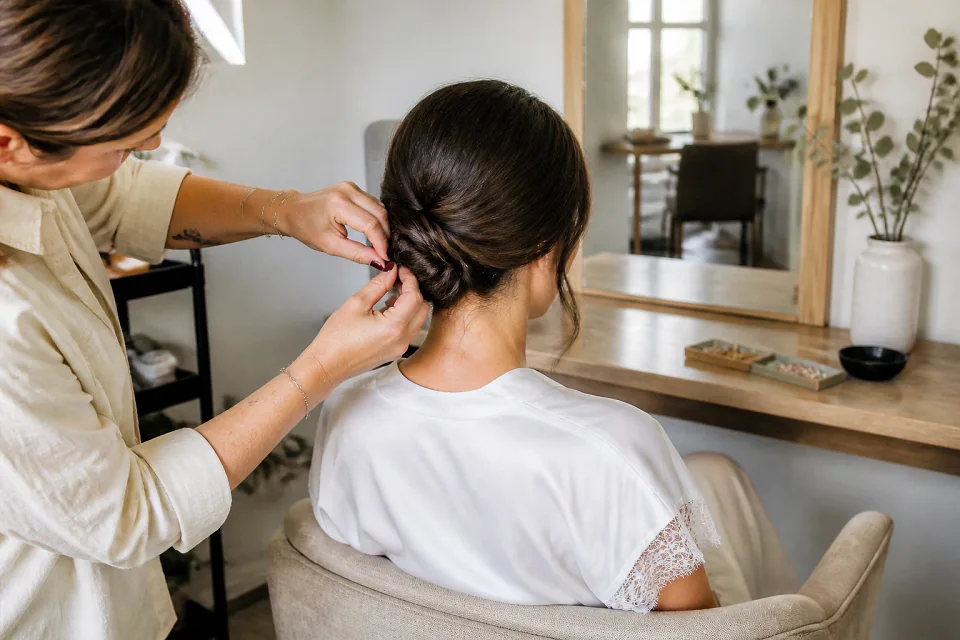 Coiffure de cérémonie vue pendant la préparation — illustration générée par IA