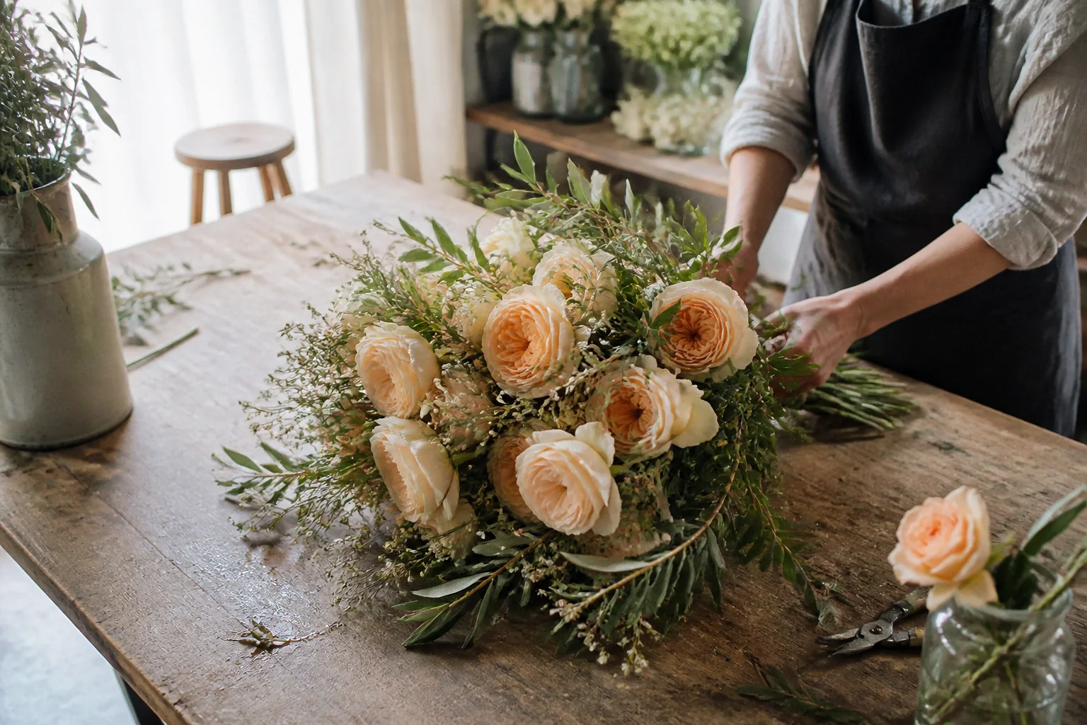 Préparation florale pour un mariage — illustration générée par IA