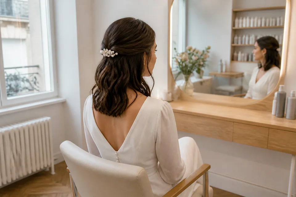 Coiffure de cérémonie vue pendant la préparation — illustration générée par IA