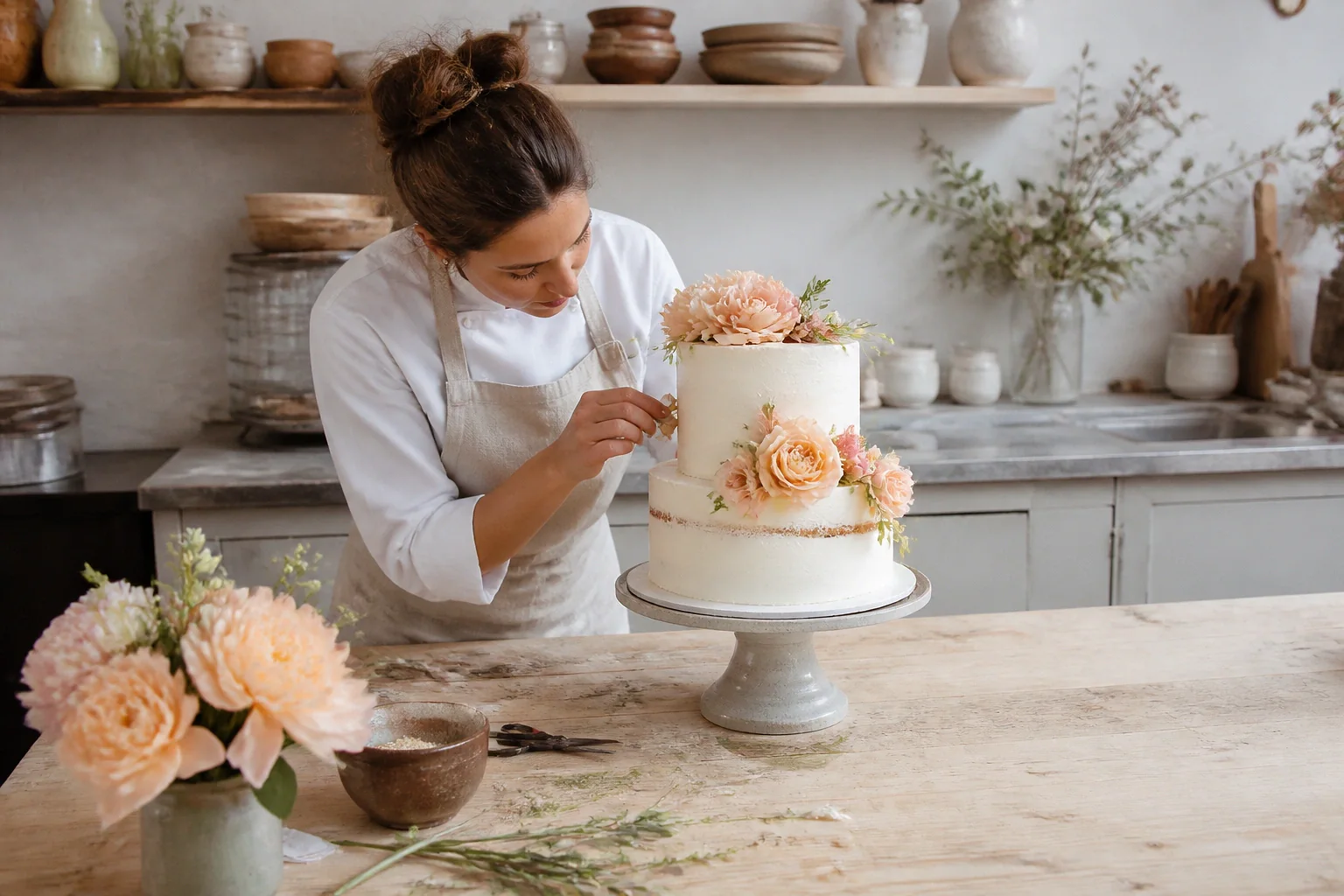 Gâteau de mariage préparé dans un atelier — illustration générée par IA