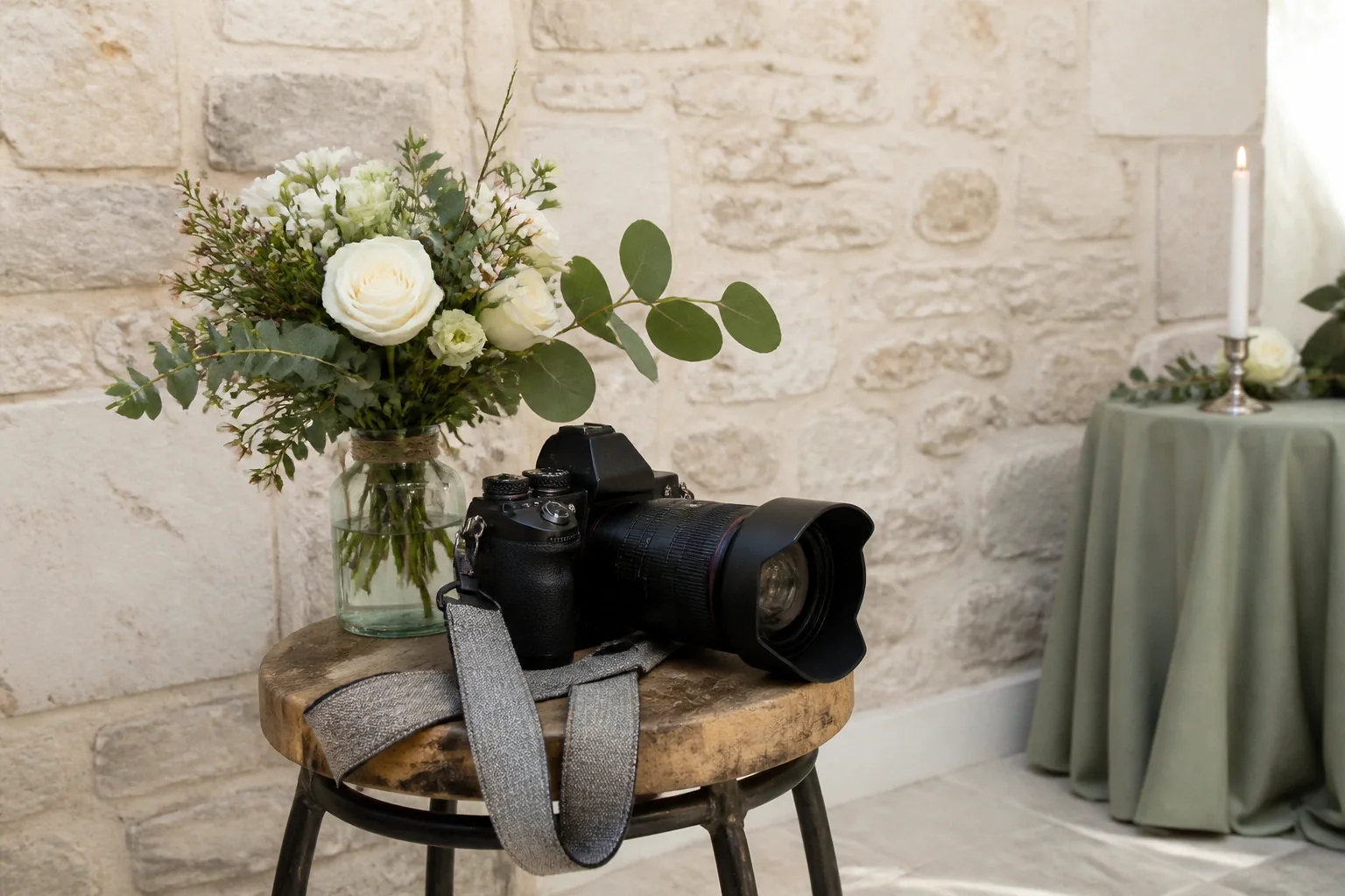 Appareil photo et accessoires de reportage de mariage — illustration générée par IA