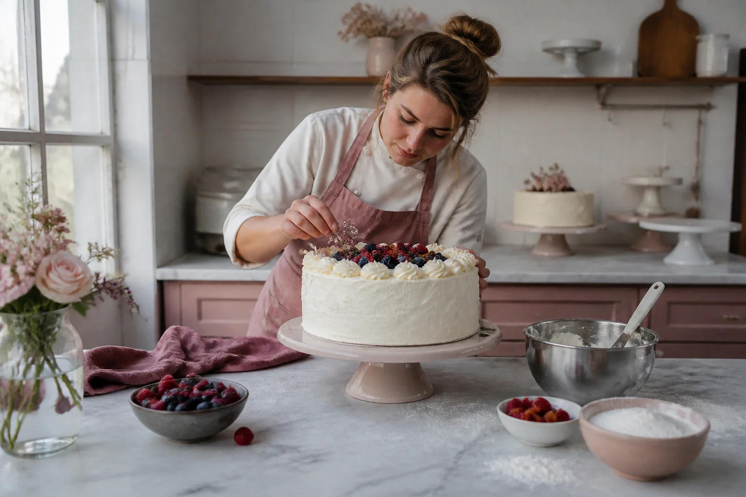 Gâteau de mariage préparé dans un atelier — illustration générée par IA