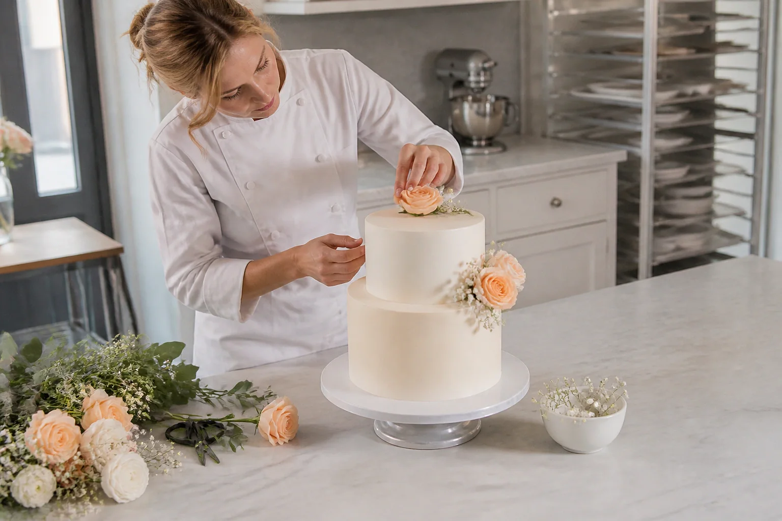 Gâteau de mariage préparé dans un atelier — illustration générée par IA
