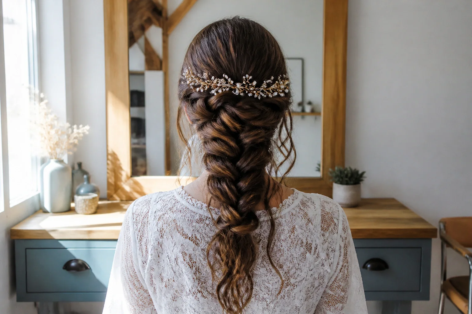 Coiffure de cérémonie vue pendant la préparation — illustration générée par IA
