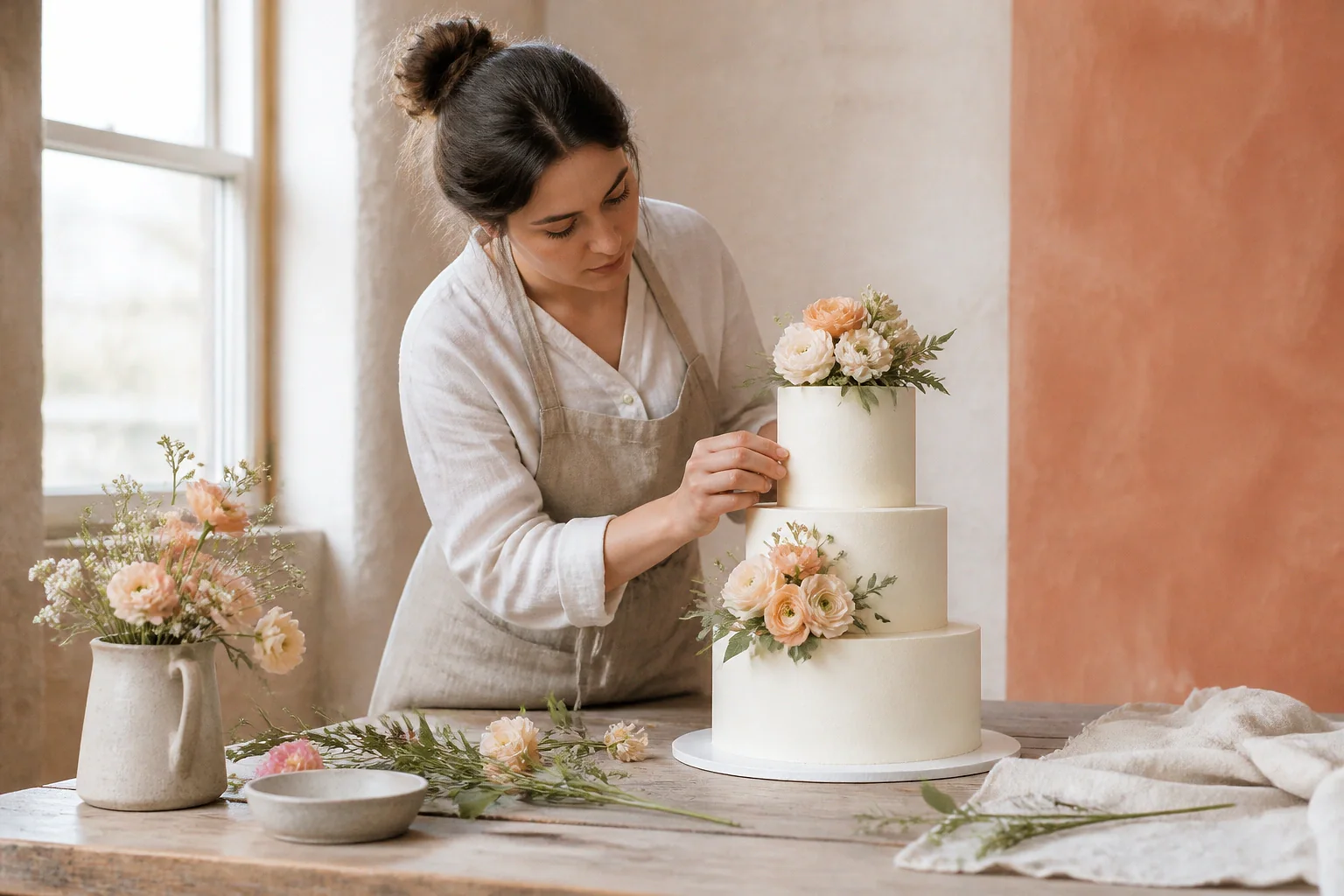 Gâteau de mariage préparé dans un atelier — illustration générée par IA