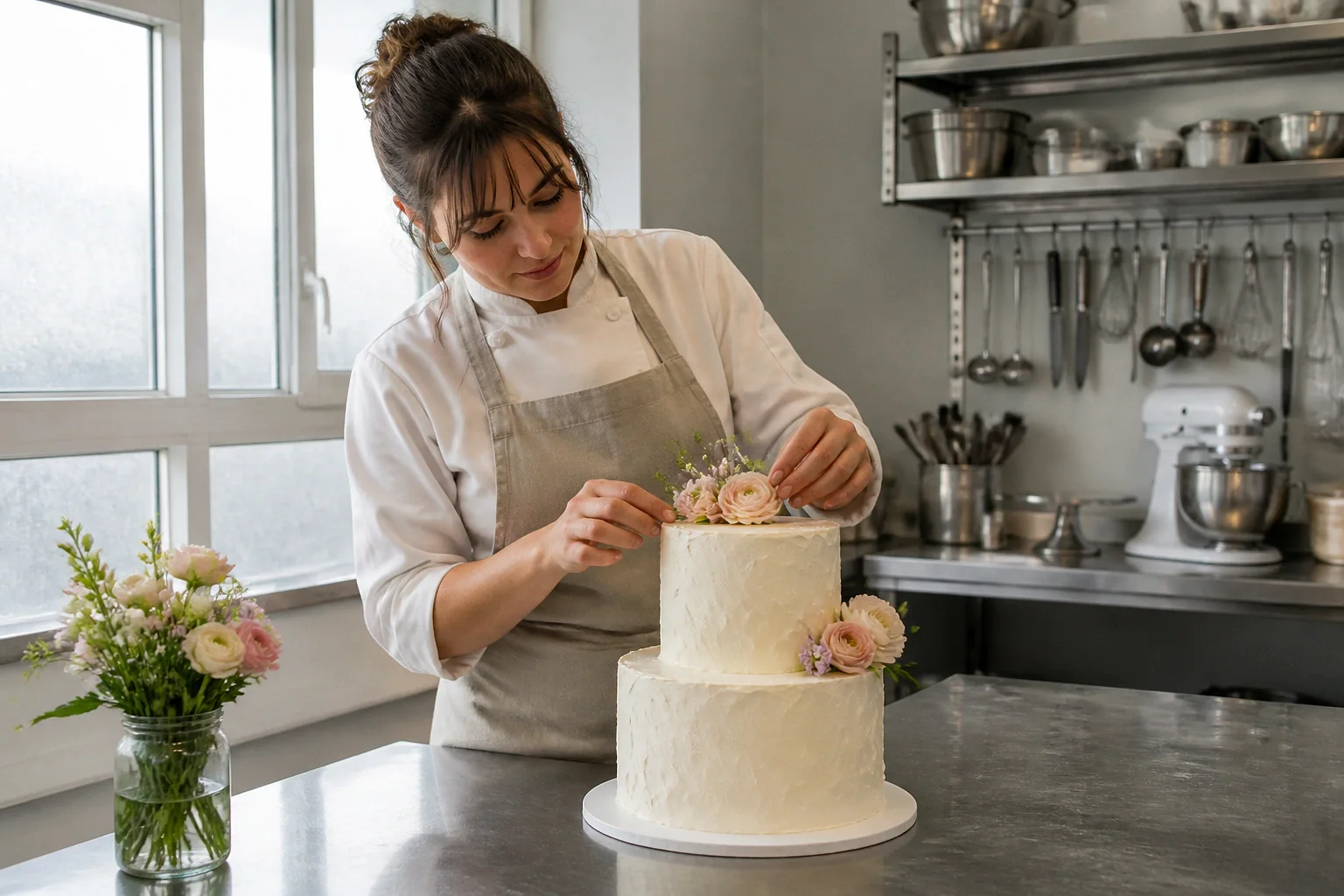 Gâteau de mariage préparé dans un atelier — illustration générée par IA