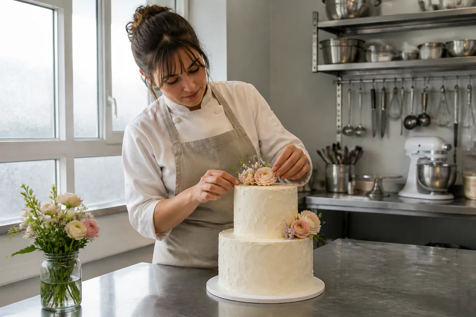 Gâteau de mariage préparé dans un atelier — illustration générée par IA