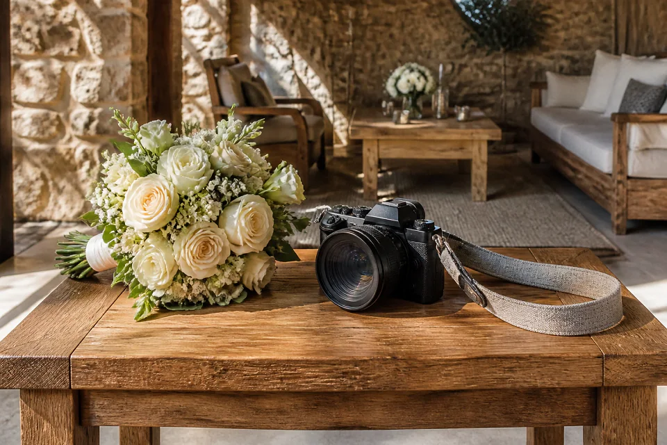 Appareil photo et accessoires de reportage de mariage — illustration générée par IA