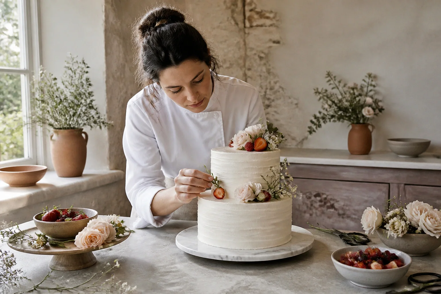 Gâteau de mariage préparé dans un atelier — illustration générée par IA