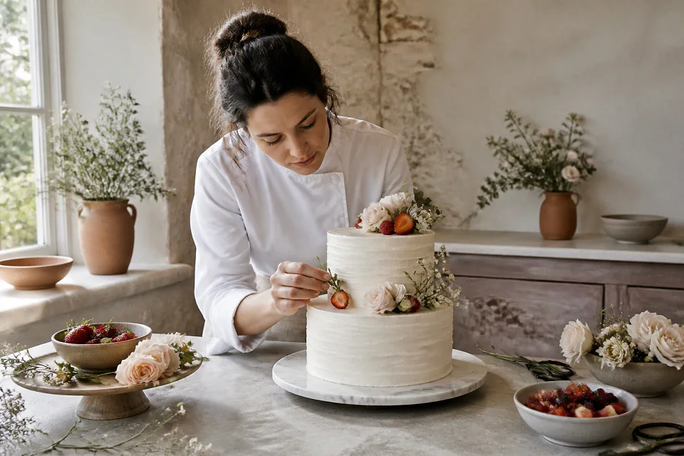 Gâteau de mariage préparé dans un atelier — illustration générée par IA