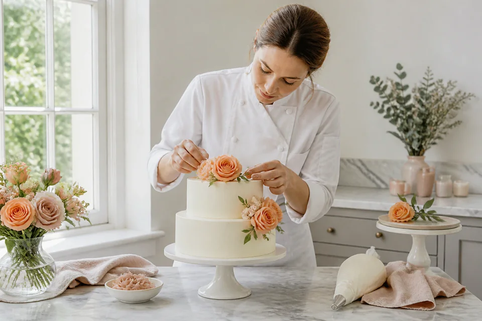 Gâteau de mariage préparé dans un atelier — illustration générée par IA