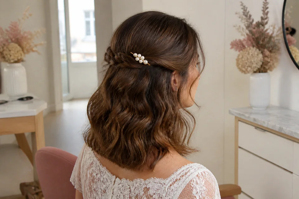 Coiffure de cérémonie vue pendant la préparation — illustration générée par IA