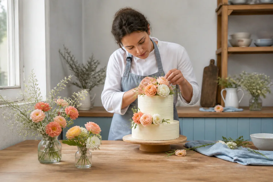 Gâteau de mariage préparé dans un atelier — illustration générée par IA