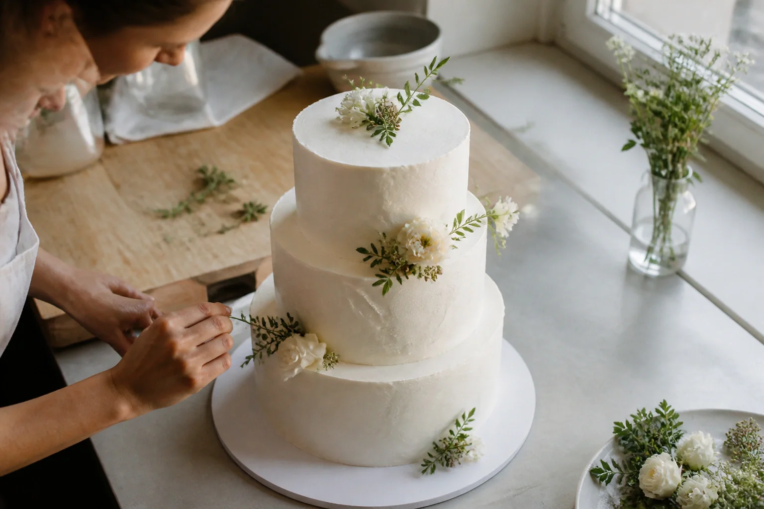 Gâteau de mariage préparé dans un atelier — illustration générée par IA