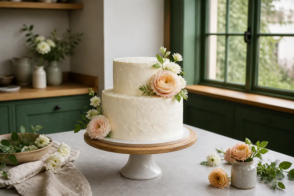 Gâteau de mariage préparé dans un atelier — illustration générée par IA