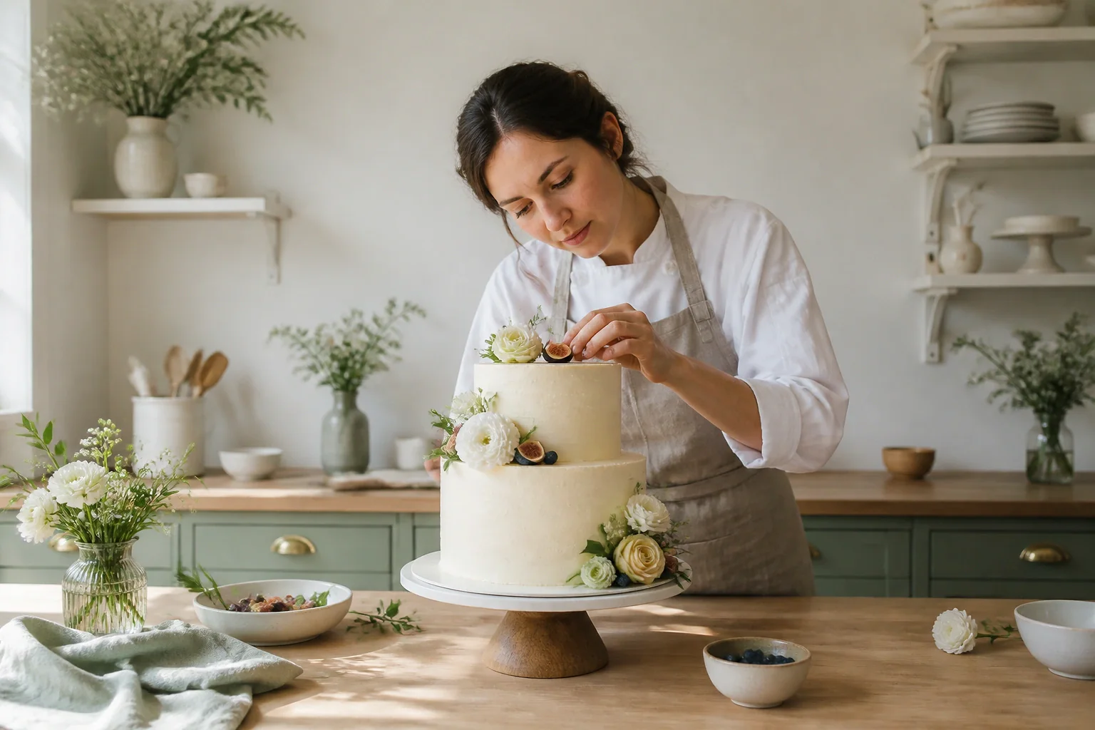 Gâteau de mariage préparé dans un atelier — illustration générée par IA