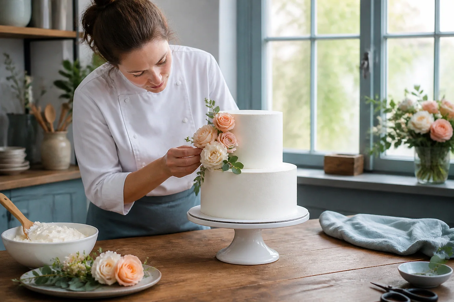 Gâteau de mariage préparé dans un atelier — illustration générée par IA