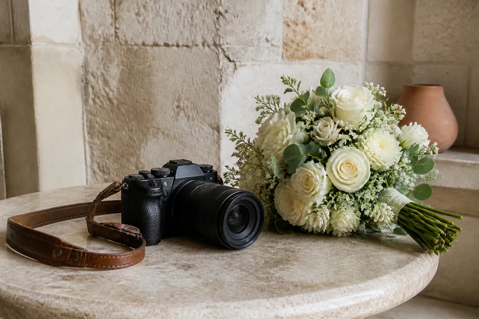Appareil photo et accessoires de reportage de mariage — illustration générée par IA