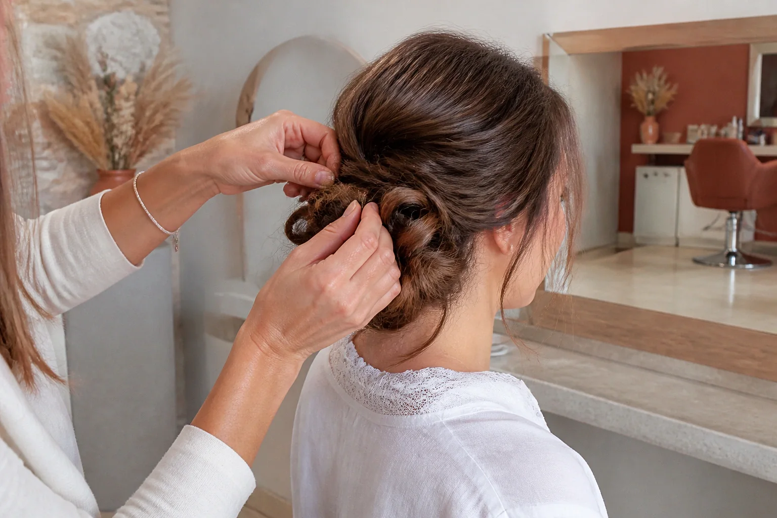 Coiffure de cérémonie vue pendant la préparation — illustration générée par IA
