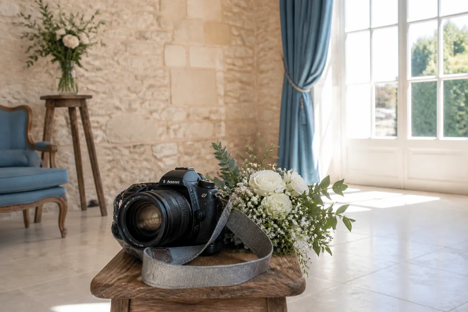 Appareil photo et accessoires de reportage de mariage — illustration générée par IA