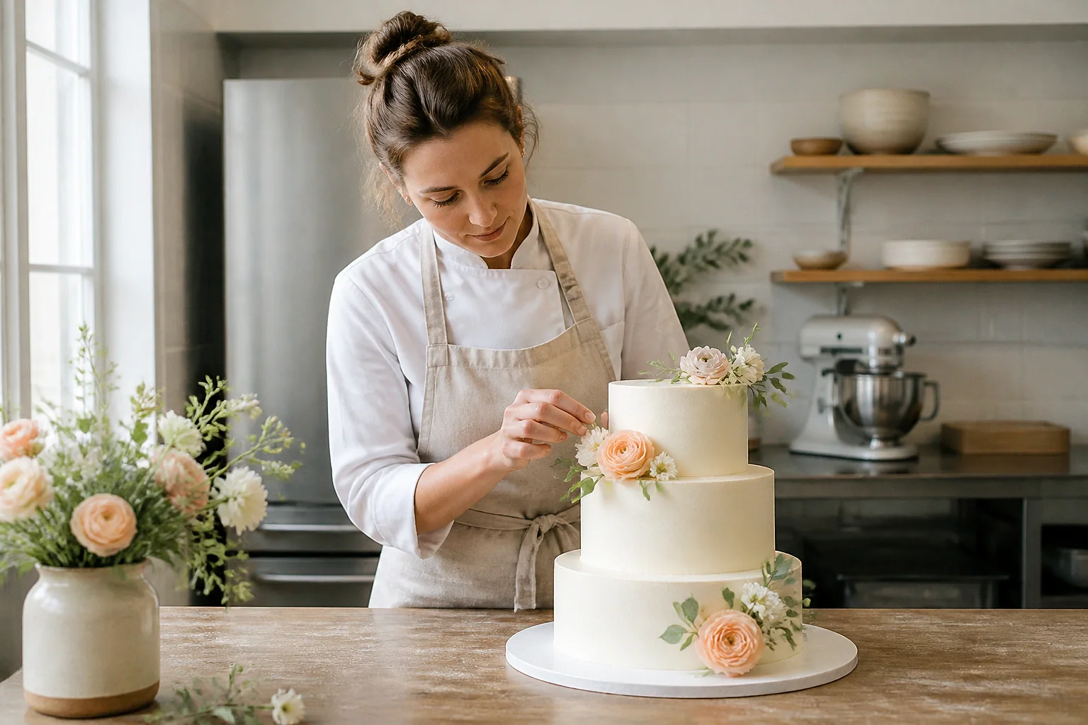 Gâteau de mariage préparé dans un atelier — illustration générée par IA