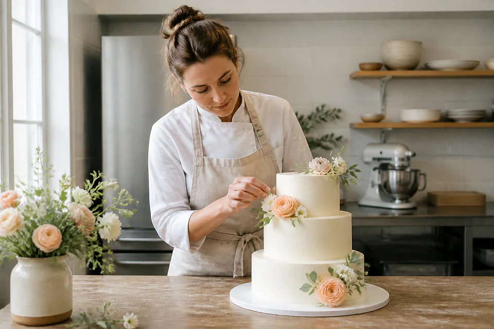 Gâteau de mariage préparé dans un atelier — illustration générée par IA