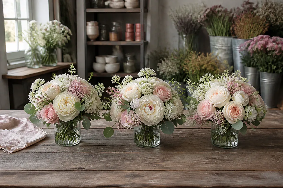 Préparation florale pour un mariage — illustration générée par IA