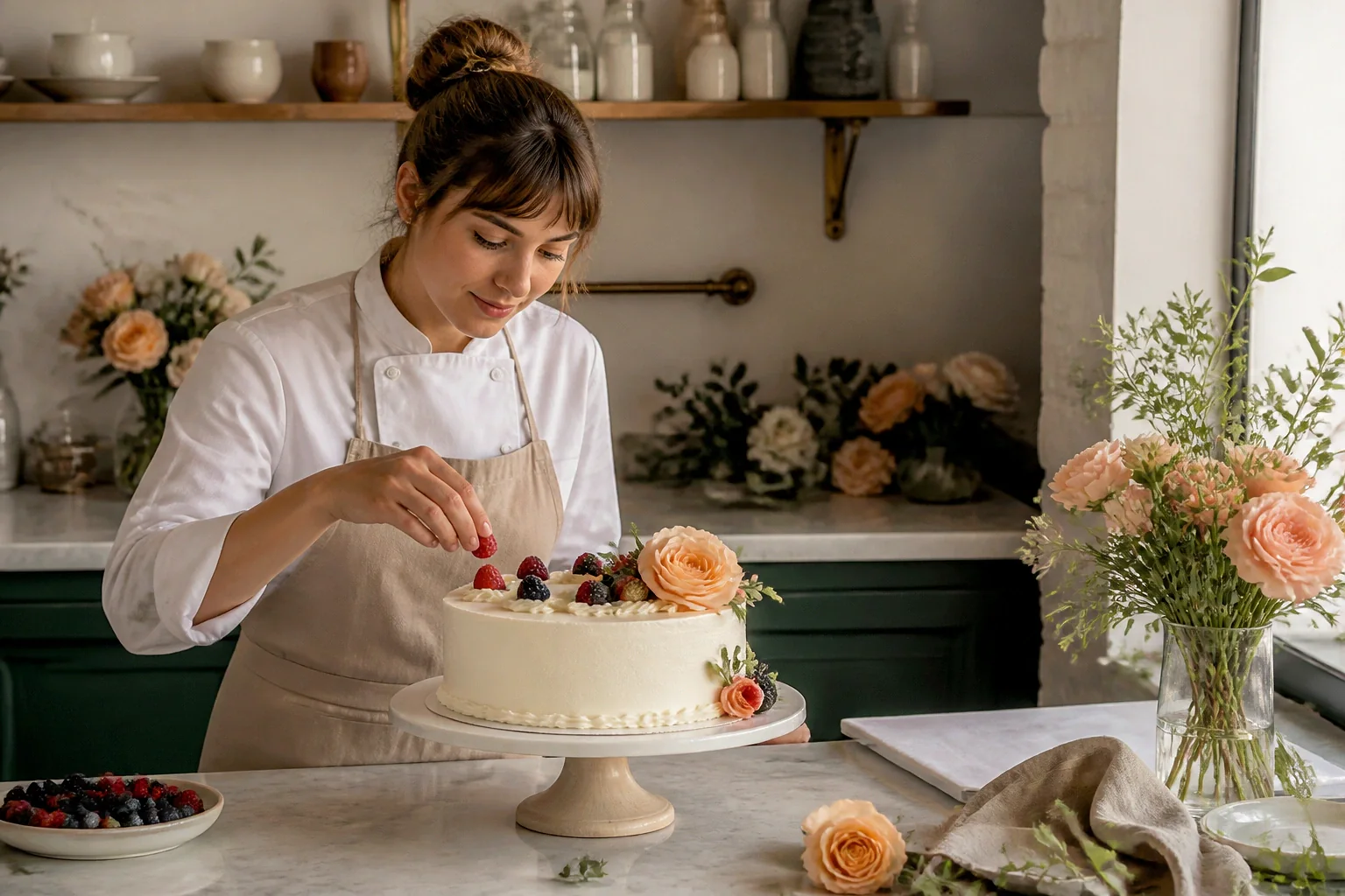 Gâteau de mariage préparé dans un atelier — illustration générée par IA